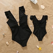 cheap Daily Family Matching-Mommy and Me Swimsuit Jumpsuit Solid Color Casual Ruched Black Pink Sleeveless Active Matching Outfits