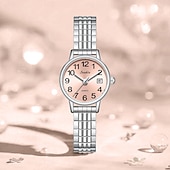 abordables Montres à quartz-Montre femme avec bracelet élastique en acier, montre à quartz facile à lire avec cadran rose et affichage de la date, bracelet extensible en acier inoxydable, cadeau idéal pour femme ou jeune fille,