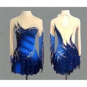 זול שמלות החלקה אמנותית-שמלה להחלקה אמנותית בגדי ריקוד נשים החלקה על הקרח שמלות כחול כהה טלאים פתוח בגב סטרצ'י (נמתח) הדרכה תחרות ביגוד להחלקה על הקרח קלאסי קריסטלים / אבנים נוצצות שרוול ארוך החלקה על קרח החלקה אמנותית