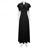 abordables Vestidos de los años 20-Vintage Rugido 20s 1920s Longitud Larga Vestidos Vestido Flapper Mangas cortas El gran Gatsby charlestón Color sólido Corte A Escote en Pico Disfraz Mujer Víspera de Todos los Santos Carnaval bar