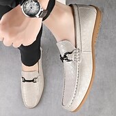 abordables Mocasines casuales-Mocasines blancos de hombre con relieve de cocodrilo, zapatos casuales sin cordones con hebilla metálica para bodas, fiestas en resorts, eventos en yates, estilo casual de negocios y looks casuales elegantes de verano.