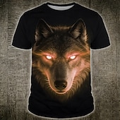 economico Magliette con stampa animale-Maglietta da uomo con occhi luminosi al neon, volto di lupo alfa, stile cyberpunk fantasy, stampa all-over, vestibilità regolare, maniche corte, girocollo, abbigliamento casual streetwear, taglie S,