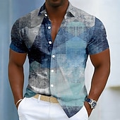  Per uomo Geometrico Colore sfumato Arte astratta Camicia Camicia con Bottoni Manica Corta Moda Casual Quotidiano All'aperto Vacanza Estate Primavera Collo ripiegato Stampa 3D Camicia tipo lino Blu