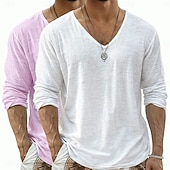  Camiseta de lino para hombre, 2 piezas, manga larga, cuello en V, verano, primavera &Conjunto de 2 piezas liso para verano, color liso, para uso diario, estilo urbano, informal, para exteriores, color