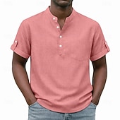 cheap Men's Popover Shirts-Men's Shirt Popover Shirt Casual Shirt Button Up Shirt Light Pink Black Yellow Light Green Pink Short Sleeve Plain Grandad Collar Casual Daily Clothing Apparel Elegant Fashion Casual