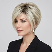 baratos peruca mais velha-Peruca pixie loira elegante para mulheres - corte curto moderno com textura sutil.