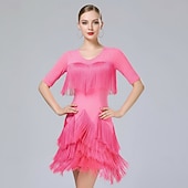 cheap Practice Dresses-Women's Red Mesh Rhinestone Fringe Dance Dress