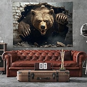 お買い得  タペストリー 壁掛け-3D Realistic Grizzly Bear Wall Tapestry Fierce Wild Animal Breaking Through Wall Art Hanging Man Cave Decor Boys Room Game Room Backdrop Gift for Men