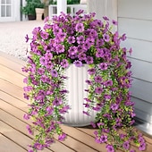 cheap Artificial Flower-4 Pcs Artificial Hanging Flowers Plants for Outdoor Spring Decoration,Faux Silk Violet with Eucalyptus Leaves,UV Resistant for Outside Home Indoor Planter Porch Patio Balcony Yard Decor