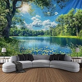 preiswerte Wandteppiche-Natur, Wald, See und Sonnenlicht – realistische 3D-Landschaft, Wandteppiche mit grünen Bäumen und blauem Himmel, sommerliche Landschaft, ideal für Schlafzimmer, Wohnzimmer, Homeoffice.