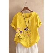  Women's 100% Cotton Blouse Floral Graphic Stylish Cotton Linen Casual Short Sleeve Crew Neck Regular Tops Daily Going out Buttons Print Green Summer Spring