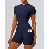 economico Set e Tutine-Per donna Tute da allenamento Tutina Tasca Cerniera Frontale Tinta unica Body Estate Primavera Autunno Bianco latte Nero Corsa Fitness Yoga Sollevamento glutei Asciugatura Rapida Elastico Manica Corta