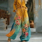 cheap Graphic Pants-Women's Graphic Wide Leg Pants Trousers Palazzo Pants Fashion Boho Full Length High Waist Flower Drawstring Elastic Waist Print Breathability Comfortable Street Daily Wear Going out Blue Pink Purple