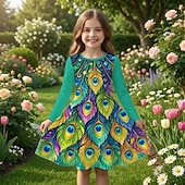 abordables Vestido con visión brillante en 3D-Girls ' 3D Graphic Pavo real Vestido Manga Larga Impresión 3D Primavera Otoño Diario Vacaciones Fiesta Casual Princesa Hermosa Niños 4-12 años Vestido informal Vestido de una línea Hasta la Rodilla