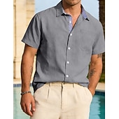 abordables Clásico-Hombre Camisa Camisa de lino Abotonar la camisa Plano Vacaciones Calle Negro Blanco Caqui Gris Oscuro Manga Corta Cuello Camisero Verano Primavera Ropa Bolsillo