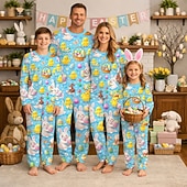 abordables Easter Family Matching Outfits-Family Easter Pajamas Graphic Bunny Casual Print Blue Long Sleeve Vacation Matching Outfits