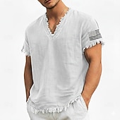 cheap Vacation Tropical T Shirts-Men's American Flag Sleeve Printed Linen Cotton Blend V-Neck T-Shirt Raw Edge Summer USA Patriotic Beach Tee Frayed Soft Fashion Designer Top S-3XL
