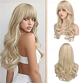abordables Pelucas sintéticas de moda-Pelucas rubias con flequillo, corte de pelo largo ondulado en capas, aspecto natural, peluca sintética esponjosa resistente al calor para mujeres, ideal para fiestas y uso diario, 24 pulgadas.