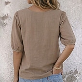 economico T-shirt semplice-Per donna Maglietta in cotone e lino T-shirt ricamata Bottoni Vintage Etnico Casual Mezza Manica Manica a Palloncino Henley Top Regolari Quotidiano Uscire Blu Bianco Giallo Arancione Cachi Estate