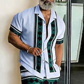 abordables Forme Géométrique-Homme Géométrique Rayé 钻石纹 Chemise Chemise Boutonnée Chemise à col camp Manche Courte Mode Décontractée Vêtements de rue Vacances Été Printemps Col cubain Impression 3D Bleu Kaki clair Vert