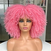 Недорогие Парик из искусственных волос без шапочки-основы-Кудрявые афро-парики для чернокожих женщин, афро-парик с челкой, без клея, пышный и объемный, как бомба, подходит для повседневной носки и работы, черный цвет