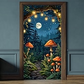 economico Striscioni per Garage e Porte-foresta di funghi incantata, luci fatate, funghi rossi e felci, stravagante striscione per porta, arazzo da parete, arredamento per la casa in stile cottage, decorazione per porta d'ingresso,
