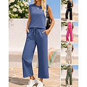 abordables Survêtements-Femmes Ensembles de survêtements à enfiler Survêtement 2 pièces Tenues de détente Cordon de serrage avec poche Couleur Unie Ensemble de vêtements de sport Été Printemps Bleu marine Noir Entraînement