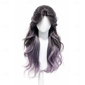 baratos Perucas de anime-Peruca longa ondulada com franja, em tom preto natural com mechas verdes. &amp;Peruca sintética gótica lolita para cosplay, com risca ao meio e resistente ao calor, ideal para uso diário e festivais.
