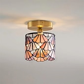 baratos Montagem Embutida &amp; Montagem Semi Embutida-Luminária de teto retrô com vitral azul cilíndrico em vidro com padrão de água, ideal para ilha de cozinha. Luminária de teto vintage ajustável em latão.