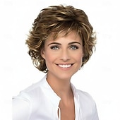abordables perruque plus âgée-perruques brunes pour femmes cosplay costume perruque bouclés avec une frange perruque courte brun blond cheveux synthétiques design à la mode pour femmes mignon élastique blond brun