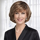 baratos peruca mais velha-Peruca bob curta e elegante para mulheres - loiro prateado com camadas suaves