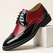 levne Brogue boty-Pánské červeno-černé oxfordské boty s krokodýlím vzorem, šněrovací lakované kožené společenské boty, módní společenská obuv na svatby, bankety, večírky, maturitní plesy, divadelní vystoupení a výrazné večerní nošení.