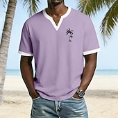 baratos Magliette tropicali da vacanza-Camiseta masculina de manga curta com estampa de palmeiras, estilo tropical, para praia, em tecido waffle cinza, modelagem regular, ideal para férias e atividades ao ar livre. Disponível nos tamanhos