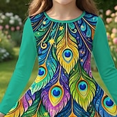 abordables Vestido con visión brillante en 3D-Girls ' 3D Graphic Pavo real Vestido Manga Larga Impresión 3D Primavera Otoño Diario Vacaciones Fiesta Casual Princesa Hermosa Niños 4-12 años Vestido informal Vestido de una línea Hasta la Rodilla