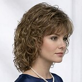 abordables perruque plus âgée-Perruque bouclée élégante pour femme - brun riche avec frange douce