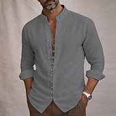 cheap Classic-Men's Shirt Linen Shirt Summer Shirt Casual Shirt Button Up Shirt Plain Casual Daily Blue Black White Pink Long Sleeve Stand Collar Summer Spring Clothing Apparel Button Front