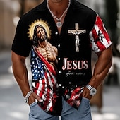  Camisa Masculina dos EUA 250º Aniversário Jesus Camisa com Botão Camisa de Manga Curta Patriótica ao Ar Livre Férias Verão Primavera Gola Turnedown Camisas Impressão 3D Pretas 1 Preta
