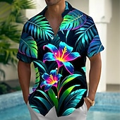 cheap Tropical Plants-Men's Tropical Flowers Palm Leaf Neon Glow Summer Hawaiian Shirt Button Up Shirt Aloha Shirt Short Sleeve Hawaiian Vacation Summer Spring Turndown 3D Print Collared Shirts Front One Pocket Black
