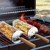 billige Grills og utendørs kokk-3 stk. grillverktøysett i rustfritt stål med trehåndtak (grillrist, grillgaffel, grillkrok), kraftig bærbart grilltilbehør med opphengsløkke, jevn varme for gass kullgrill, camping