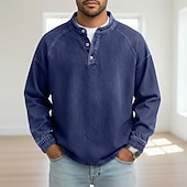 billiga grundläggande t-shirts-SoftFade™ Herrs T Skjorta Henley Skjorta Denim Skjorta 100% Bomull Syra Tvättad Skjorta Tee Topp Lång Ärmd Enkel Vintage Streetwear Avslappnad Färgad Tvättad Raglanärmar Stående Krage Henley Sport