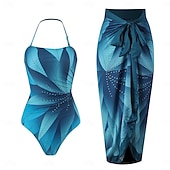 cheap One-piece swimsuits-Women's Swimwear One Piece Monokini Swimsuit Tummy Control High Waist Slim Backless Vacation Beach Wear Ombre Leaves Halter Neck Sleeveless Bathing Suits