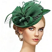 baratos Fascinadores-Fascinadores Linho Casamento Aniversário Vintage Estilo bonito Retro Com Penas Capacete Chapéu