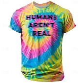  Men's Humans Aren't Real Glitch Text Colorful Spiral Tie Dye Psychedelic Trippy Hippie T Shirt All Over Print Slim Fit Summer Rave Festival Party Designer Clothing Apparel S M L XL XXL XXXL