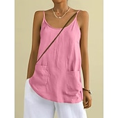baratos Blusas Simples-Regata feminina com bolso, lisa, moderna, elegante, clássica, sem mangas, gola redonda, ideal para uso diário, passeios e fins de semana. Cores: azul, preta, branca, amarela, rosa. Verão e primavera.