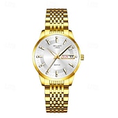 voordelige Quartz-horloges-Luxe dameshorloge, tweekleurige goud-zilveren roestvrijstalen band, lichtgevende wijzers met datum- en dagweergave, elegante zwarte wijzerplaat met diamanten accenten, een stijlvol polshorloge voor