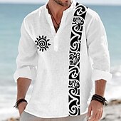 baratos Padrão étnico-Homens polinésio Étnico Totem do Sol Camisa Social camisa de botão Camisa Henley Manga Longa Vintage retrô Tribal Casual Férias Verão Primavera Colarinho Mandarim Colarinho Clerical Impressão 3D