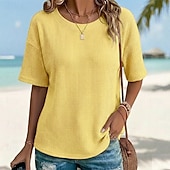 abordables T-shirt uni-T-shirt classique en maille gaufrée pour femme, couleur unie, moderne et décontracté, manches courtes, col rond, coupe droite, idéal pour le quotidien, les vacances, les sorties, noir, blanc, jaune, rose, bordeaux, été et printemps
