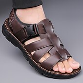 ieftine Sandale de vacanță-Sandale bărbătești din piele maro, model pescar, cu vârful închis și croială deschisă, pantofi de mers casual cu cataramă reglabilă, pentru purtare zilnică, călătorii, timp liber în aer liber, vacanțe de vară și confort smart casual