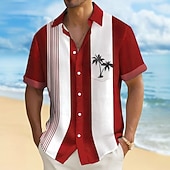 cheap Tropical Plants-Men's Coconut Tree Striped Tropical Plants Summer Hawaiian Shirt Button Up Shirt Aloha Shirt Short Sleeve Hawaiian Vacation Summer Spring Turndown 3D Print Collared Shirts Front One Pocket Blue Red