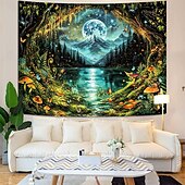 economico Arazzi da parete-magico cielo notturno luna paesaggio montano arazzo fungo luminoso farfalla foresta lago decorazione murale psichedelica fantasy casa camera da letto soggiorno sfondo